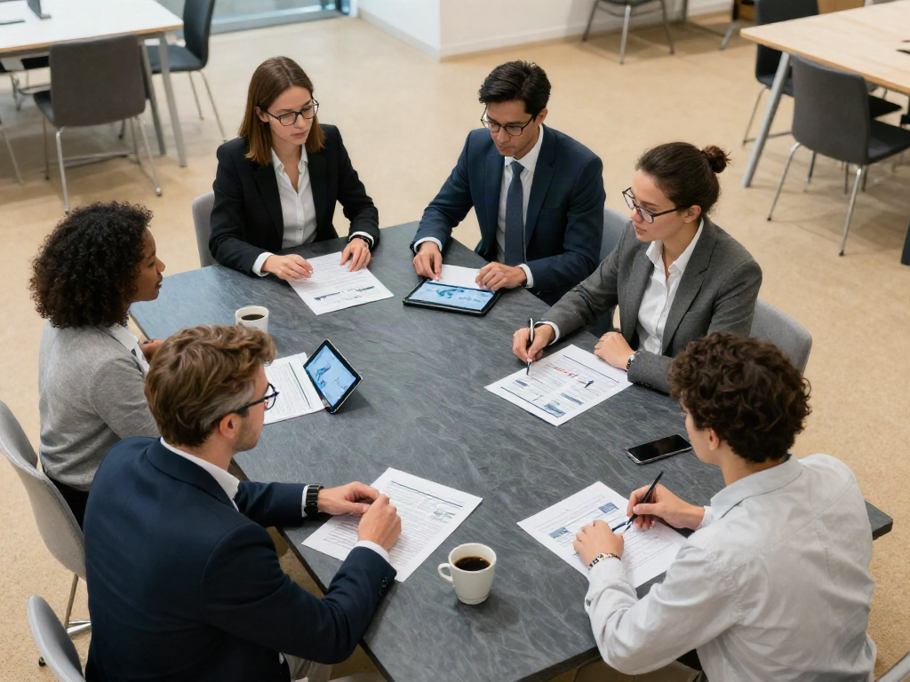 Leadership team reviewing business performance charts around a table